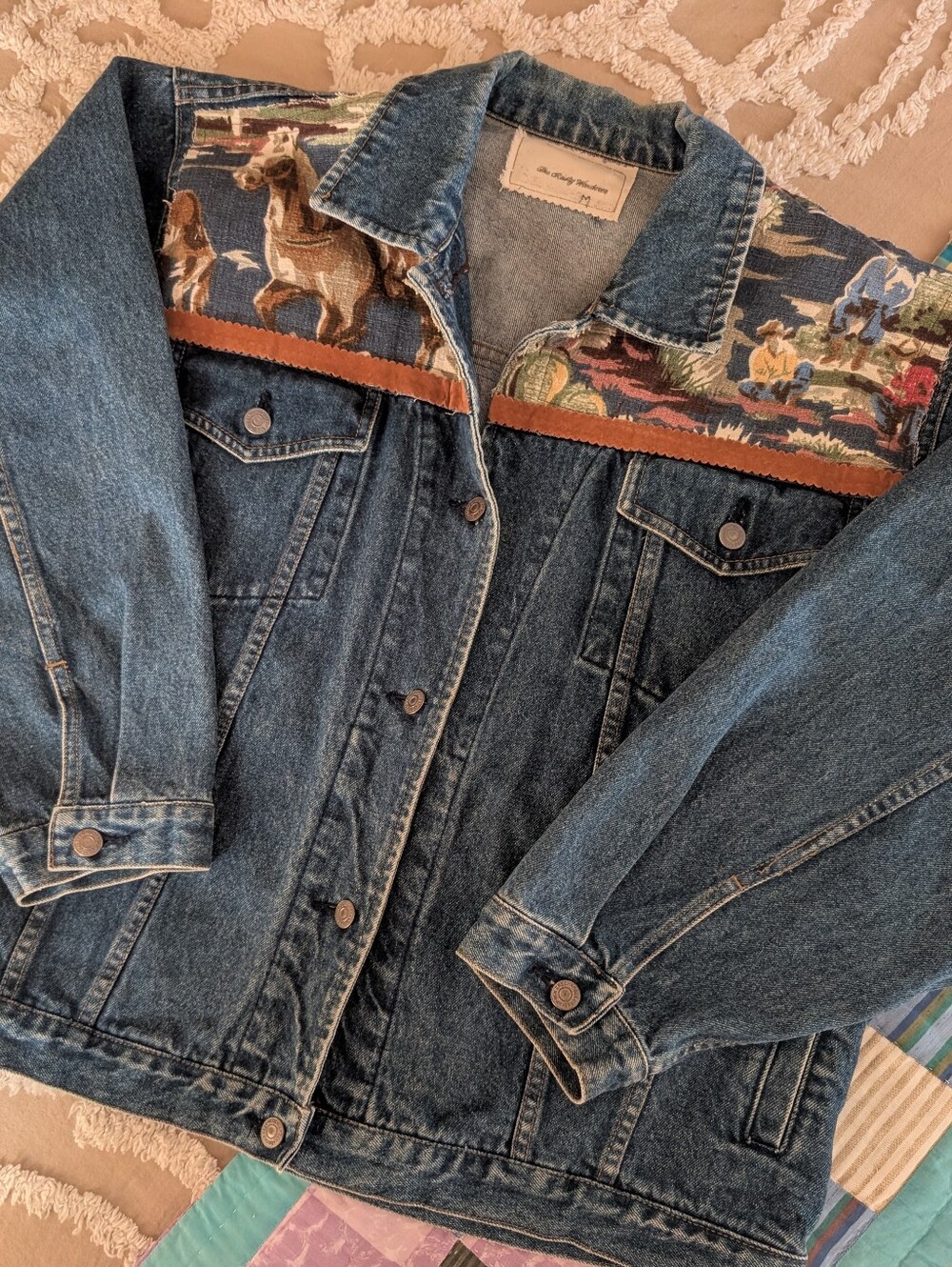 Upcycled denim jacket w rare cowboy fabric, Size M - L